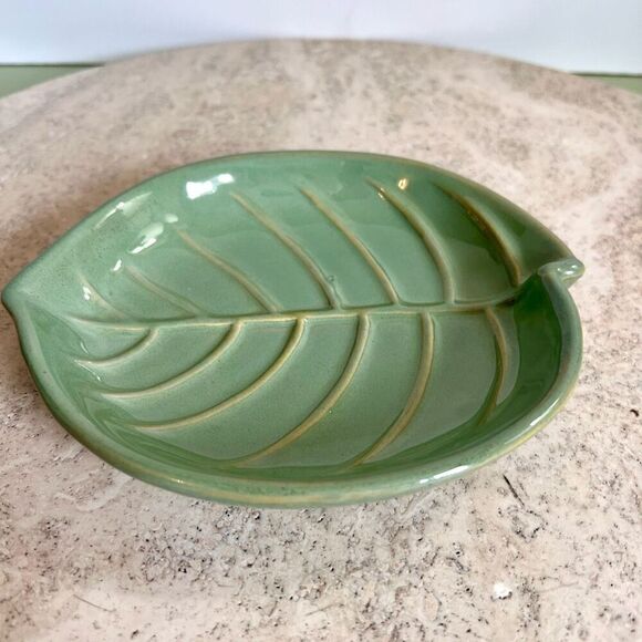 Vintage Leaf Pottery Plate Trinket Dish Sage Green Home Decor Embossed Veins - Picture 2 of 11